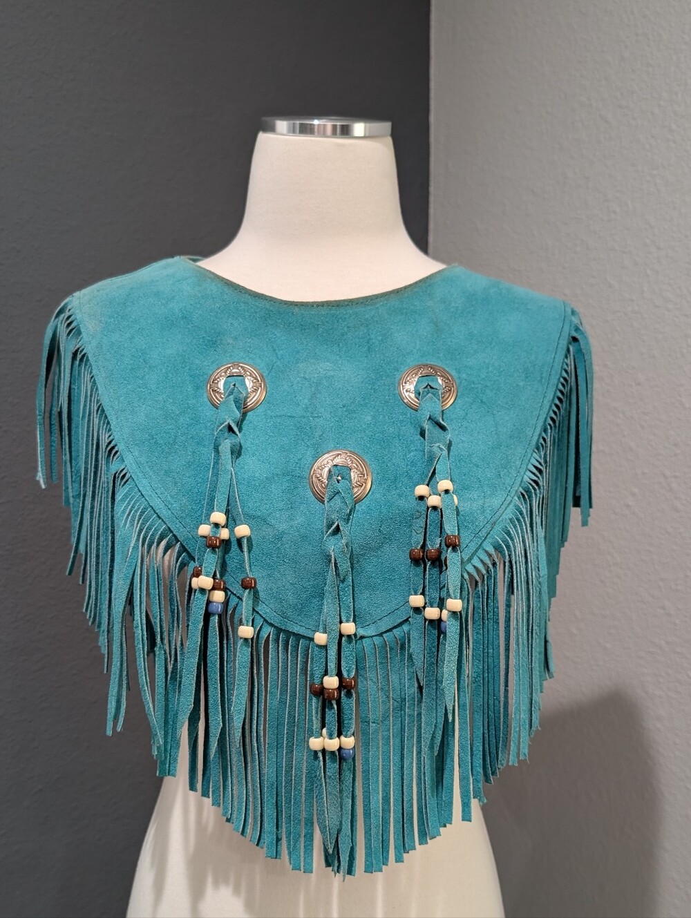 Vintage Steer Brand Teal Suede Fringe Cape with Conchos - Boho Western Statement - Picture 2 of 16